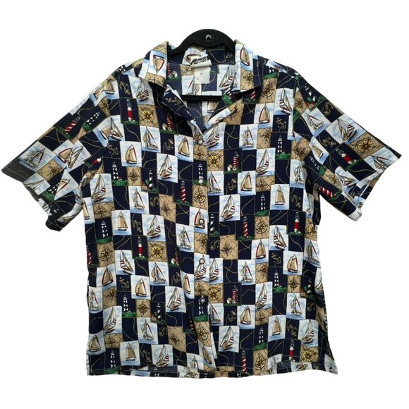 Vintage BonWorth Mens Nautical Print Short Sleeve Shirt M Navy Tan - Picture 1 of 12